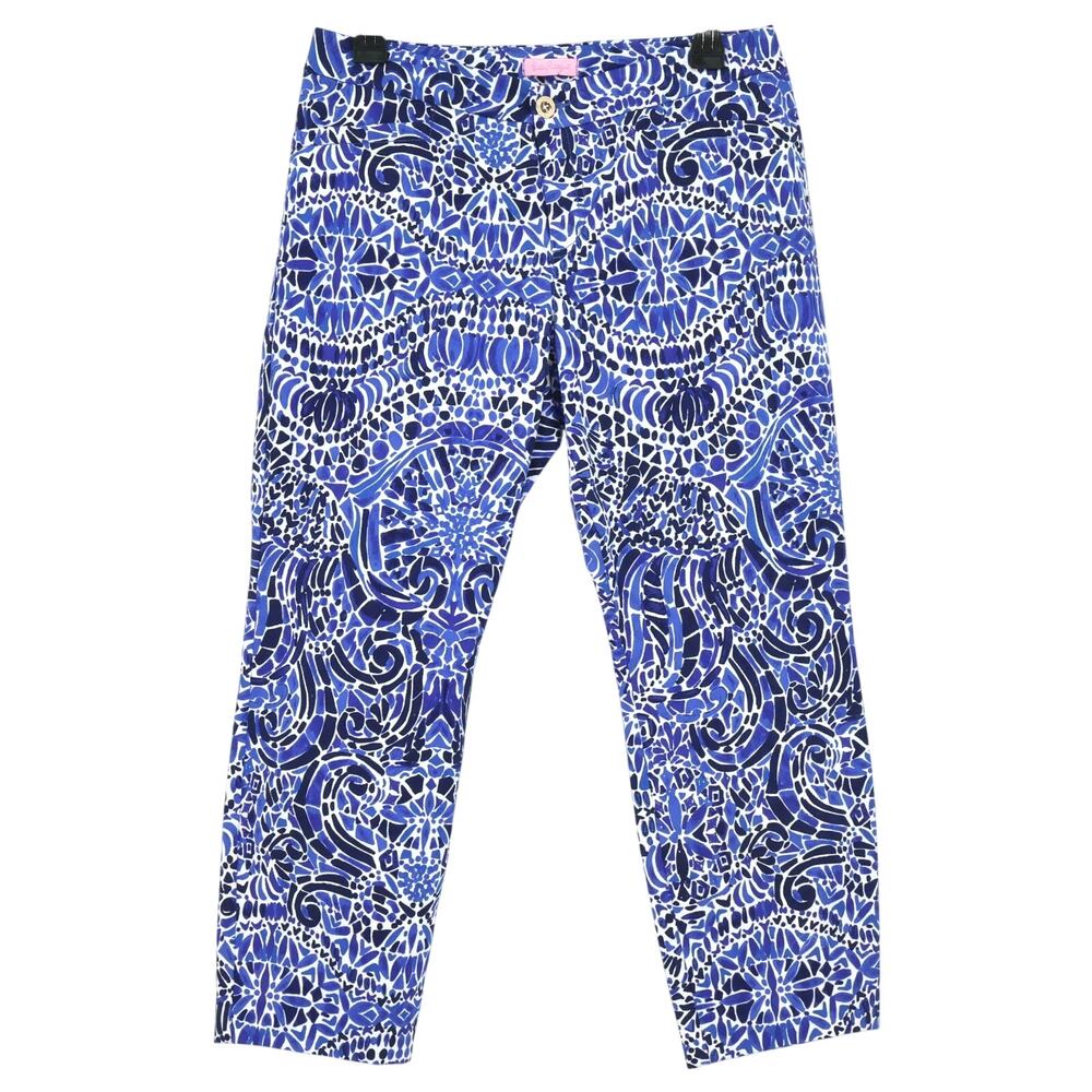 Lilly Pulitzer Pants Womens 10 Blue White Stretch Cotton Straight Crop Ankle